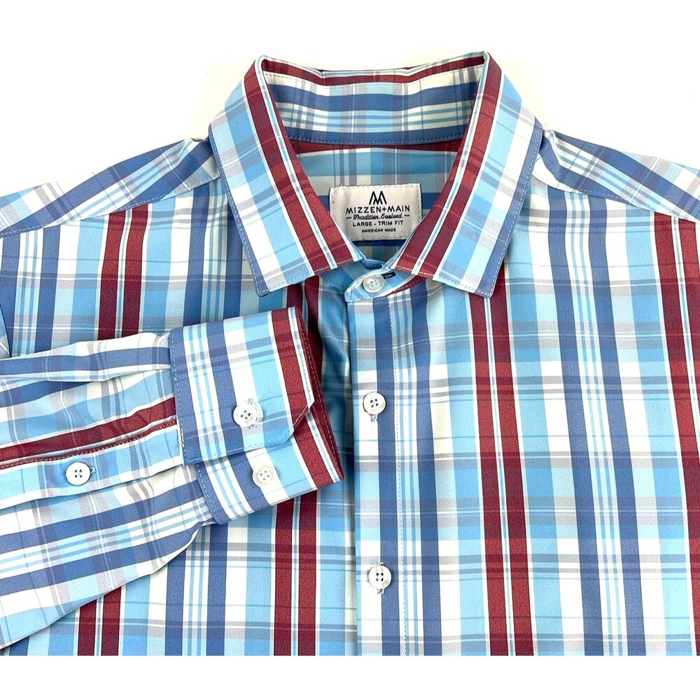 Mizzen Main Trim Fit Button Up Shirt Mens Size L Blue Plaid Performance USA